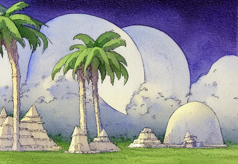 Image similar to a simple watercolor fantasy concept art of a dark grey boxy ufo next to a palm tree at night with white pyramids in the background. by studio ghibli, rebecca guay, michael kaluta, charles vess