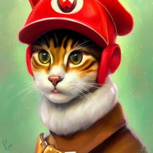 Image similar to Portrait of a Cat dressed as Super Mario, Mario hat, kawaii aesthetic, nintendo, box art, highly detailed, digital painting, artstation, concept art, smooth, sharp focus, illustration, art by artgerm and greg rutkowski and alphonse mucha