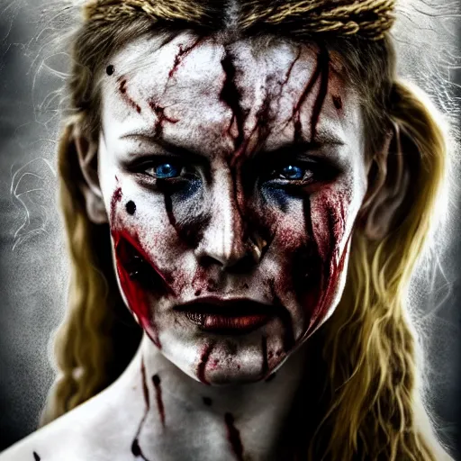 Prompt: Ultrawide realistic photo of a bloody fierce viking woman, injured by an arrow, battle-scarred mind-blowing details, highly detailed face, ethereal,, ominous, scarred, highly detailed, viking attire, cinematic, 16k, 1080s, smooth, sharp focus, by Stanley Artgermm, WLOP, trending on DeviantArt, trending on ArtStation, full of color, digital art, Smooth gradients, depth of field, shot on Canon Camera