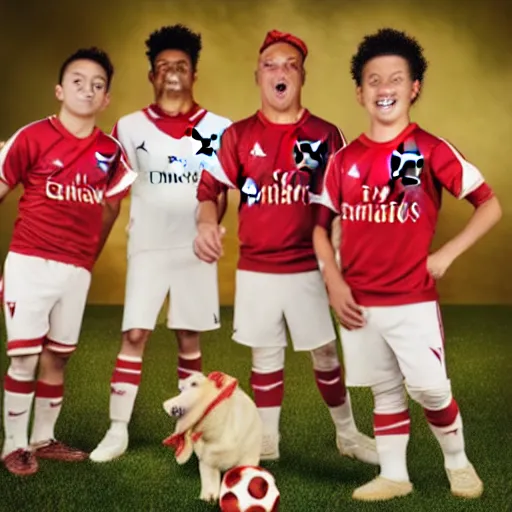 Image similar to a promo portrait of hot dogs in arsenal soccer jerseys playing football, happy,