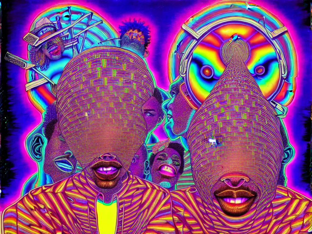 Image similar to a house party, epic angle, happy, psychedelic, hip hop, surreal, neon, vaporwave, detailed, illustrated by Alex Grey, 4k