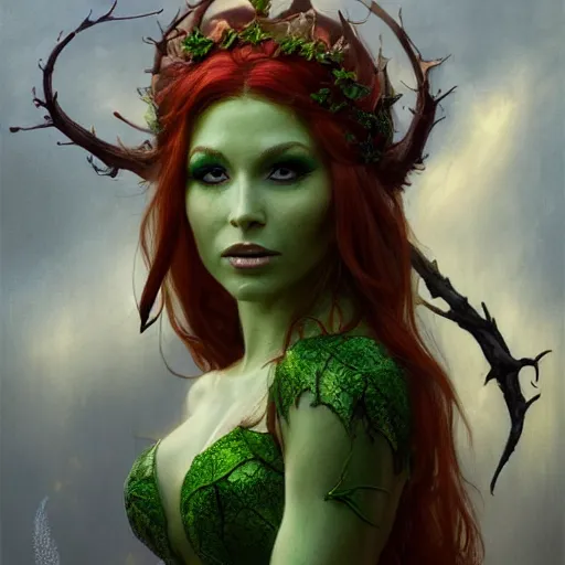 Prompt: a beautiful and detailed matte painting of poison ivy dressed as an elf queen, fantasy, d & d, dark eyeliner, intricate, elegant, highly detailed, digital painting, artstation, concept art, matte, sharp focus, illustration, art by greg rutkowski and alphonse mucha