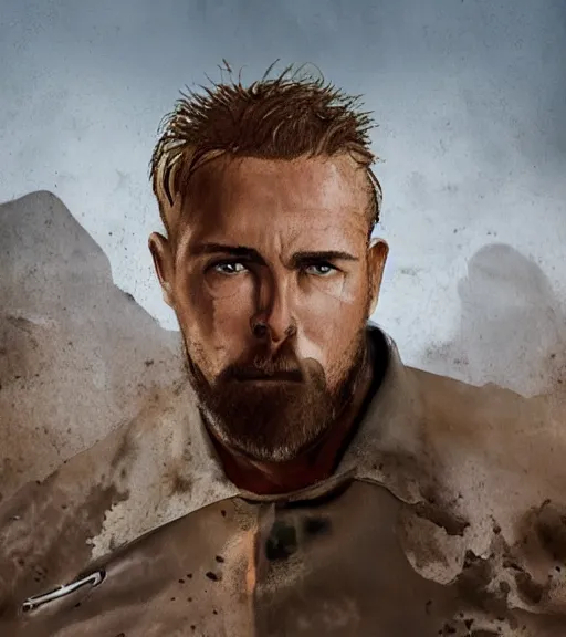 Image similar to scene of muscular, tired and alcoholic 3 0 - year - old grieving man with short darkblonde hair, serious sad look in his eyes, looking down, dirty beard, blue eyes, jumping from plane, wearing dirty soldier uniform, on the desert, sad atmosphere, hyper realistic face, character art, art by mark brooks, cryengine, trending on artstation, digital art