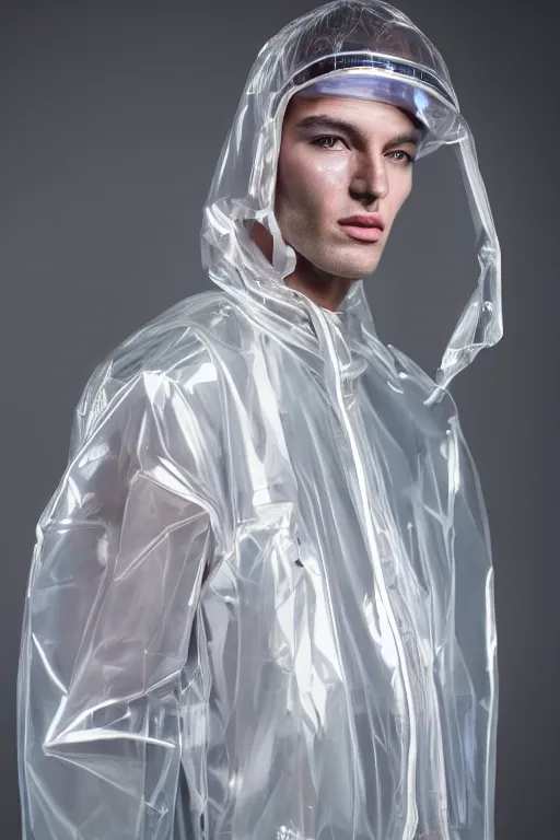 Image similar to an ultra high definition professional high fashion portrait studio full length photograph of a male model wearing a transparent pearlescent raincoat and neon visor sitting on a sofa in an icelandic black rock environment at dawn. no artefacts. extremely detailed. stark. refraction. shallow depth of field. volumetric light and shadow. ray tracing. light rays.