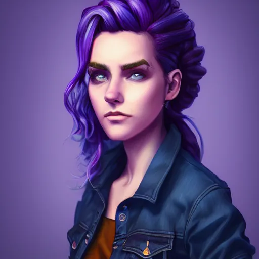 Prompt: an insanely detailed realistic depiction of beautiful abigail from stardew valley wearing black shirt under blue denim jacket, purple hair, pretty blue eyes, in the style of peter mohrbacher, artgerm, dramatic lighting and composition, octane render, trending on artstation, concept art 8 k