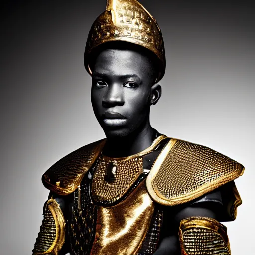 Prompt: a portrait of a beautiful young congolese male wearing an alexander mcqueen armor , photographed by andrew thomas huang, artistic