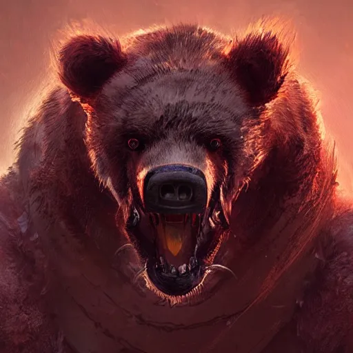 Prompt: realistic portrait of a grox from spore, red furry cyborg creature with one robotic eye, head of a bear, pointy ears, dramatic lighting, illustration by greg rutkowski, yoji shinkawa, 4 k, digital art, concept art, trending on artstation