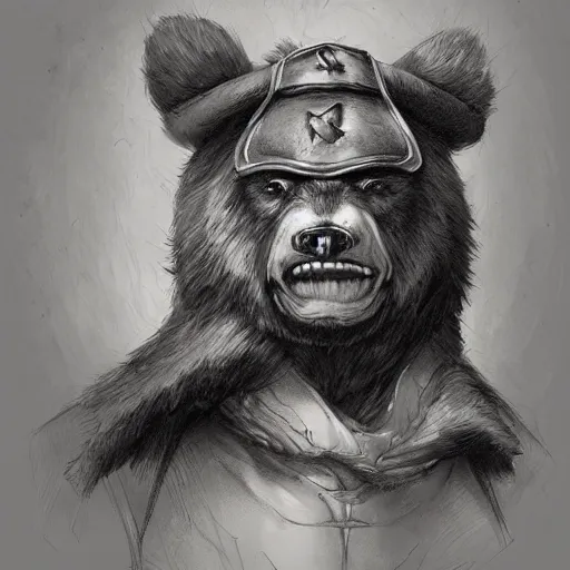 Image similar to dashing charming grinning charismatic bear beast-man rogue, wearing captain's tricorne hat, naval background, amazing, lifelike award winning pencil illustration trending on art station artgerm Greg rutkowski cinematic