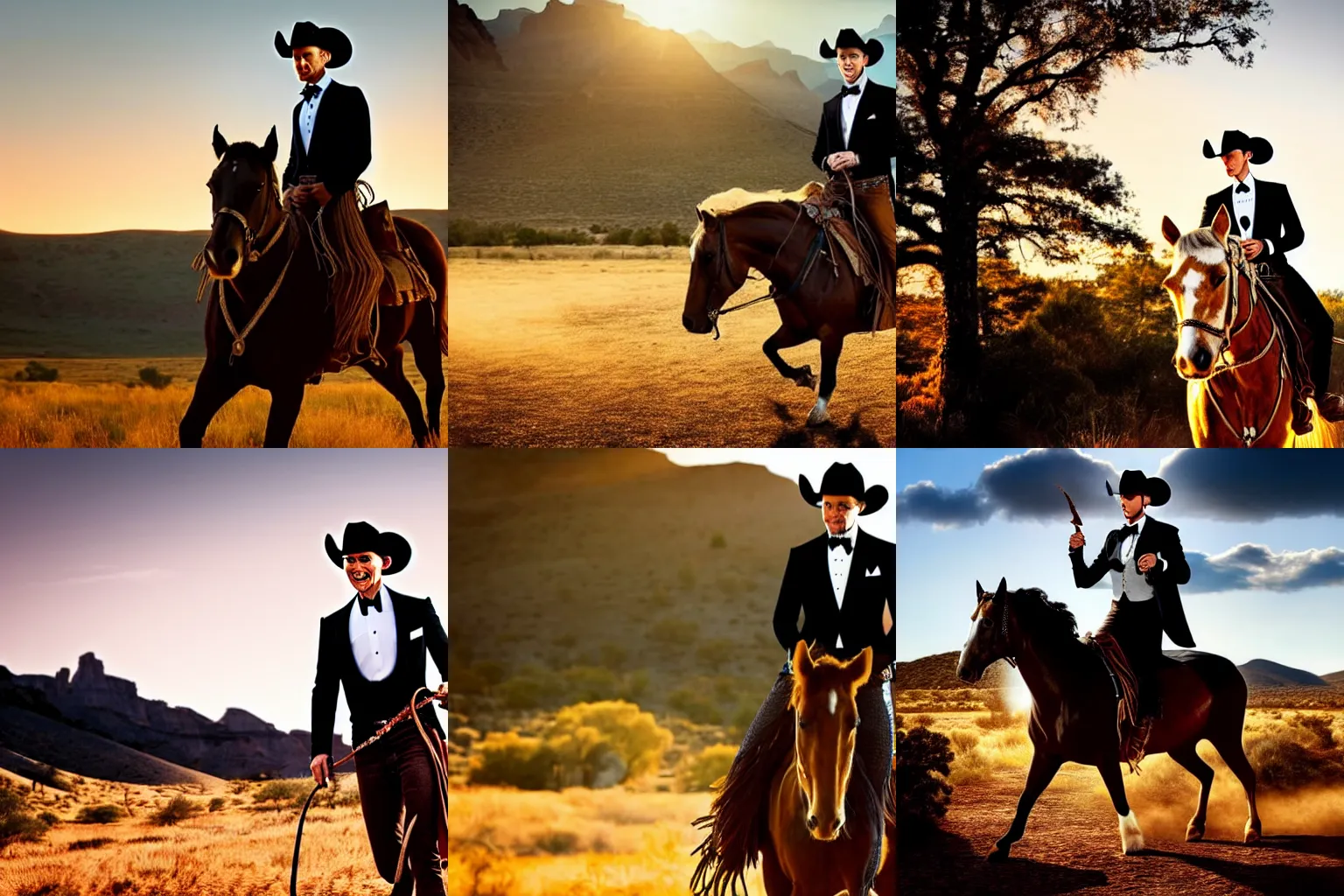 Prompt: highly detailed photograph of Tom Hiddleston wearing a tuxedo and a cowboy hat riding a horse in the Wild West, golden hour, detailed environment
