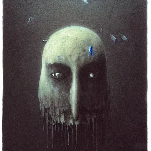 Image similar to young teen female with head of raven, painting by Beksinski