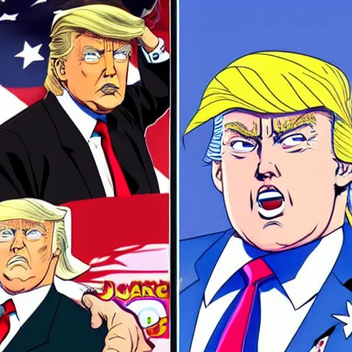Prompt: donald trump, as a character in jojo ’ s bizarre adventure, anime key visual, portrait, detailed