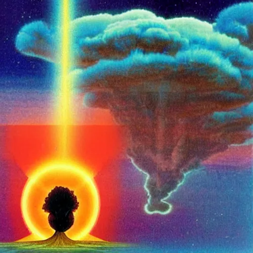 Image similar to 8 0 s new age album cover depicting a mushroom cloud in the shape of guy fieri, very peaceful mood