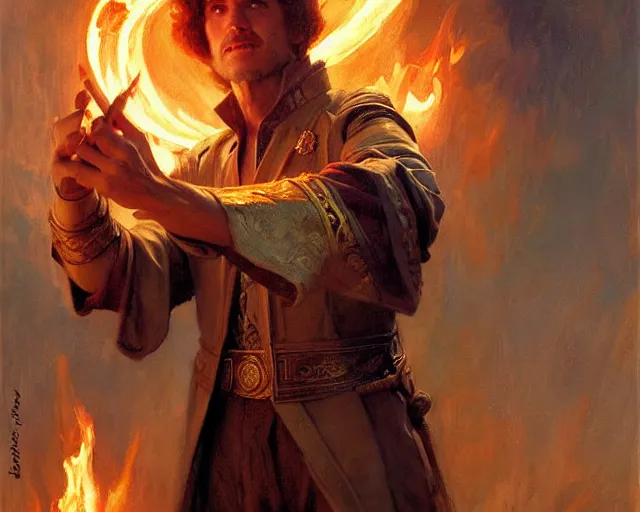 Image similar to attractive male wizard casting powerful fire spell. highly detailed painting by gaston bussiere, craig mullins, j. c. leyendecker 8 k