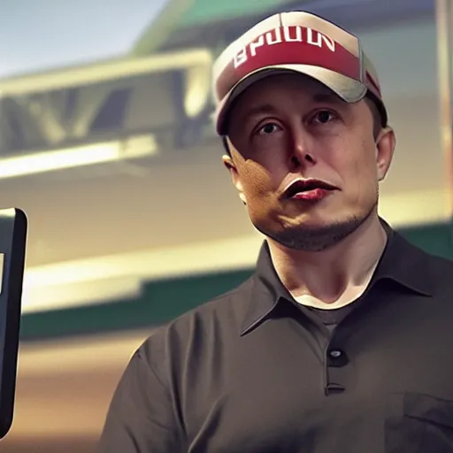 Prompt: Elon Musk manning a 7/11 cashier and wearing their uniform, macro, wide shot, dramatic lighting, octane render, hyperrealistic, HD