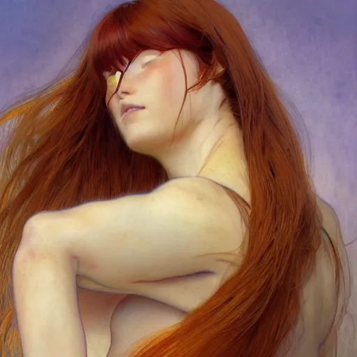 Image similar to A young woman with orange long hair and bangs in shorts and white shirt drawn by Donato Giancola and Makoto Shinkai, frank frazetta, Alphonse Mucha, background by James Jean and Gustav Klimt, 4k, porcelain skin, volumetric lighting, french nouveau, trending on artstation, octane render, hyperrealistic