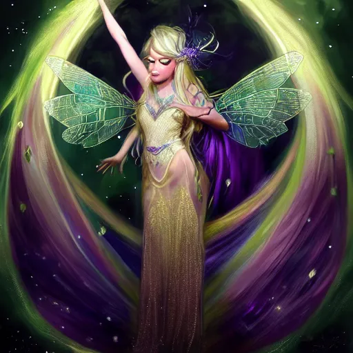 Image similar to detailed portrait of a fairy queen with wings wearing a magic silk robe, pixie, iris, realism, emerald, galaxy, sapphire,blonde hair going down to the floor, moonlit, wearing a bejeweled mask, dark fantasy, dramatic lighting, cgsociety, artstation