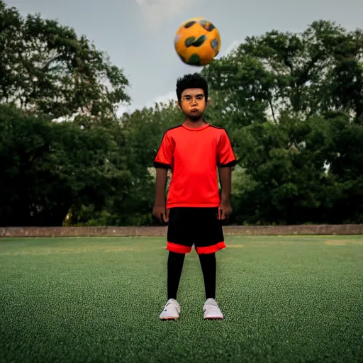 Prompt: a boy standing infront of the ball before running and scoring. professional photograph, dslr, dcim, 8 k, hd