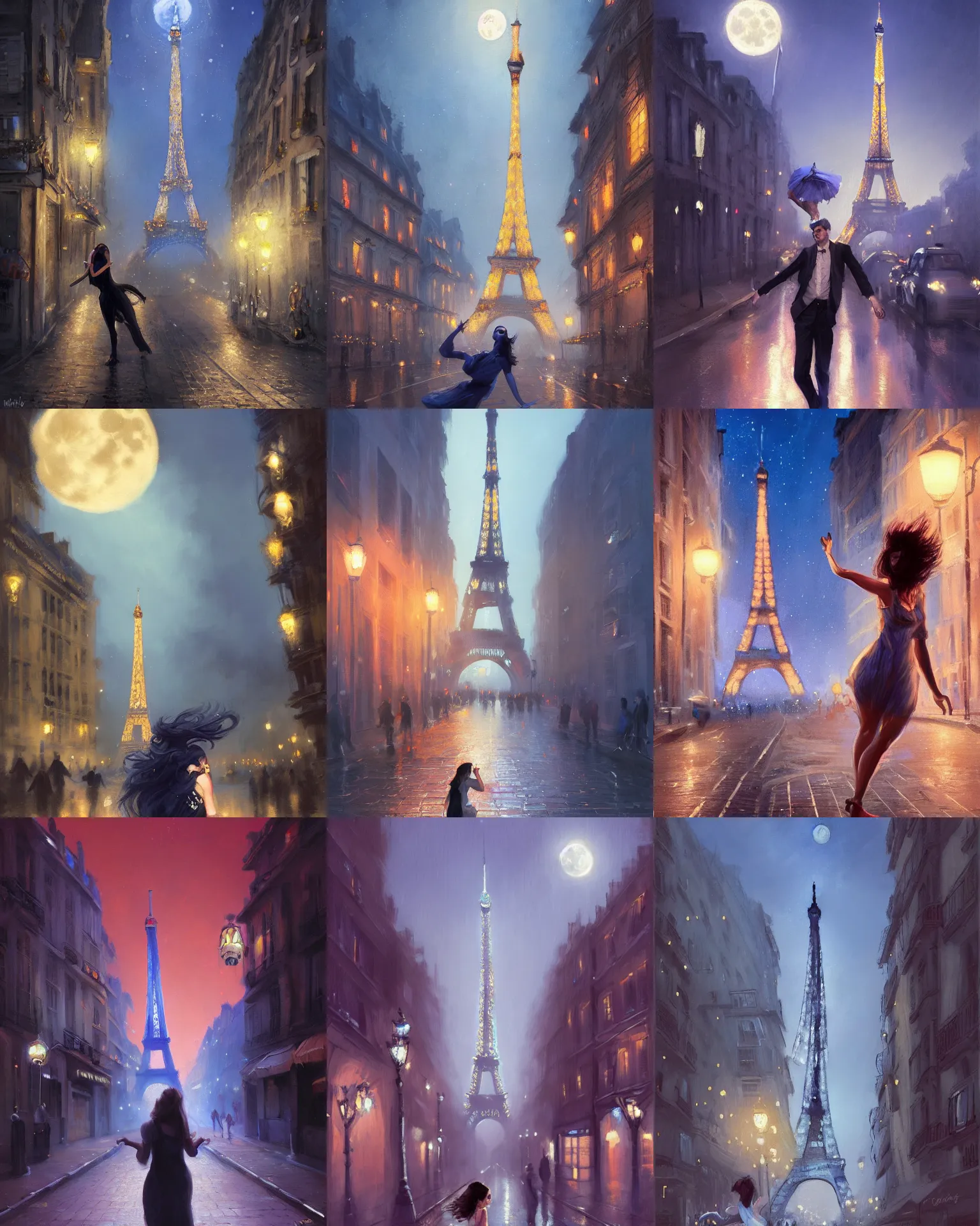 Prompt: portrait of a person passionately dancing in a street in paris at night, blue moonlight, giant moon, eiffel tower, by Artgem and Mandy Jurgens and greg rutkowski, fantasy, intricate, elegant, digital painting, concept art, romantic, trending on artstation