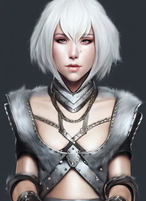 Image similar to warrior, fur leather armor!!! beautiful and elegant white hair female!! gorgeous ayes!! character concept art, sharp focus, octane render! unreal engine 5! highly rendered!! trending on artstation!! detailed linework!! illustration by artgerm, wlop, and chie yoshii