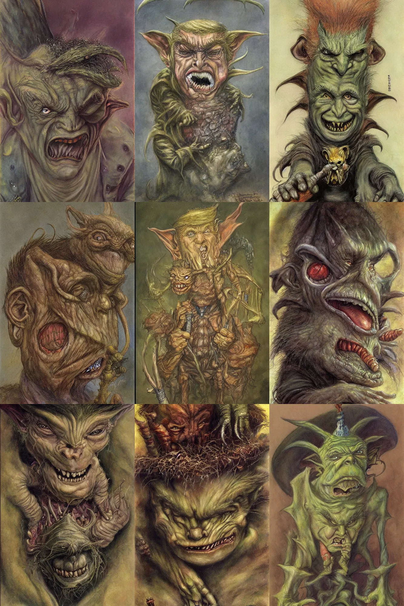 Prompt: Donald Trump as a goblin painted by Brian Froud, muted colors, folklore, goblincore, high quality