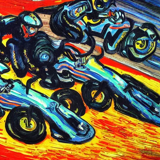 Prompt: fiery pit lane accident. painted by van gogh. bright colors . extreme heat