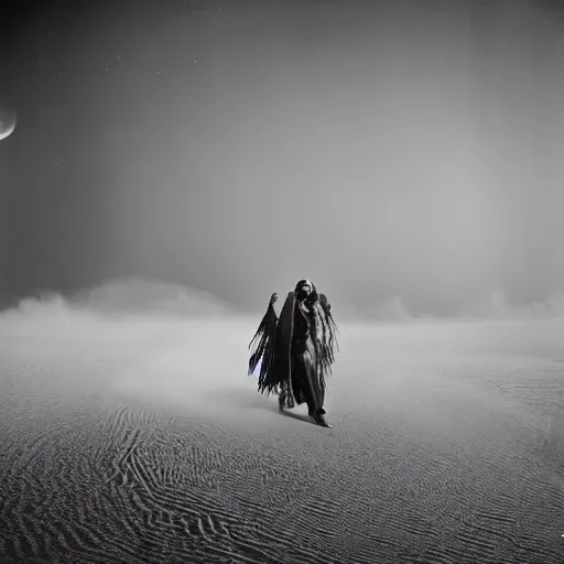 Prompt: an indigenous shaman guiding space travellers congregation through sandstorm, sebastiao salgado