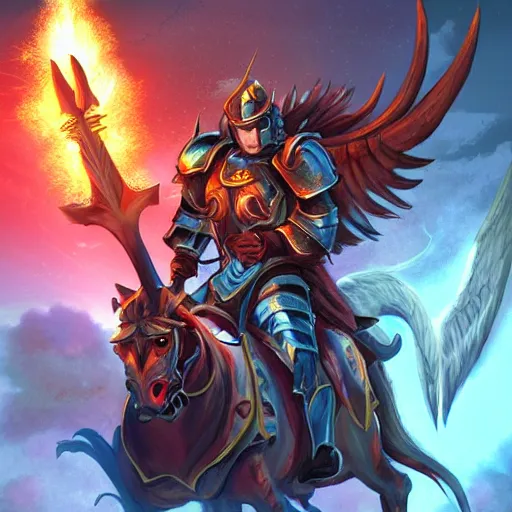 Image similar to paladins in plate armor riding into hell, fighting demons, with an angel with a sword flying over them, hellscape, digital art