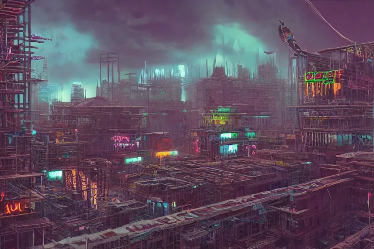 Image similar to hyperrealistic matte painting of aztec temples in a cyberpunk future environment with mechanical features and neon, graffiti, scaffolding, smog, destruction by filip hodas, beeple, 4 k, trending on cgsociety