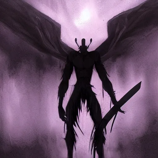 Prompt: an epic, ominous dark humanoid creature holding a blade, anime art, a vast, dark cave