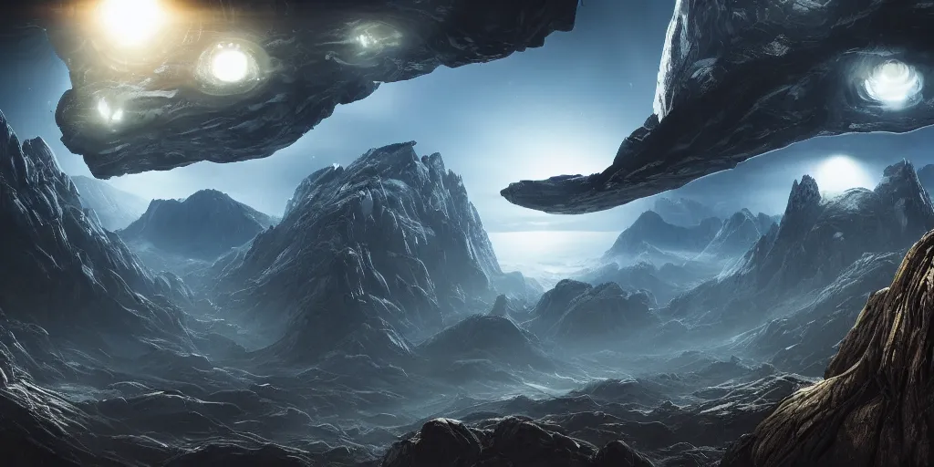 Image similar to alien environment with epic mountains and cliffs and planets in the sky by hans ruedi giger, epic lighting, cinematographic, 8 k, award winning, ultra detailed