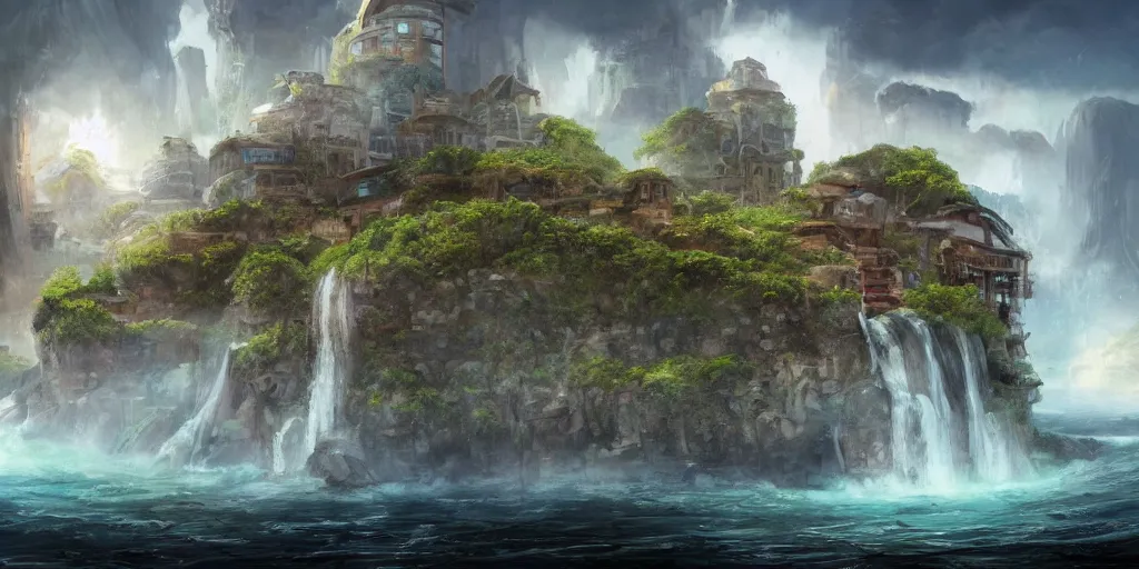 Prompt: A beautiful painting of a city built on a island floating above the sea, waterfalls fall from the island into the sea, video game concept art, scifi, rural dystopian, UE5