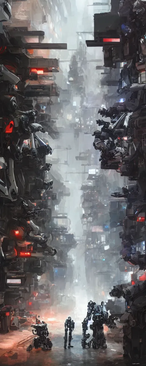 Prompt: a robotic mecha police on a slums downtown street, concept art, artstation, futuristic, matte painting, hyper realistic, art by feng zhu, cinematic
