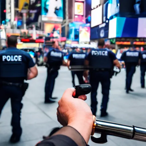 Image similar to 2 police officers handcuffing each other, smiling, time square, 4 k, photography