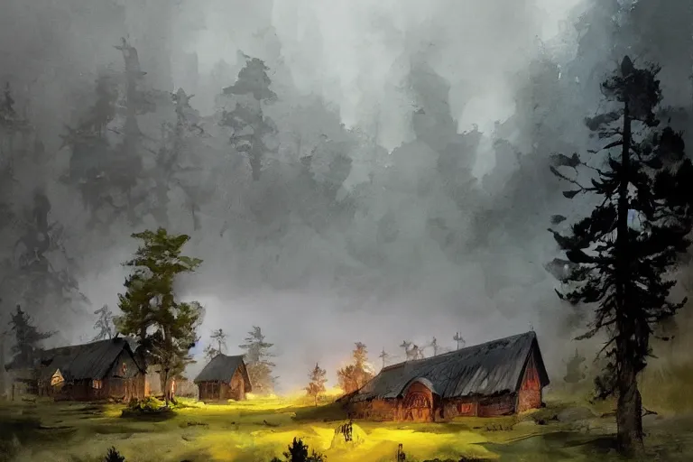 Image similar to paint brush strokes, abstract watercolor painting of rustic village fortress, pine trees, mysterious mythology, medieval straw roof, scandinavian viking age, fog, ambient lighting, art by hans dahl, by jesper ejsing, art by anders zorn, wonderful masterpiece by greg rutkowski, cinematic light, american romanticism by greg manchess, creation by tyler edlin