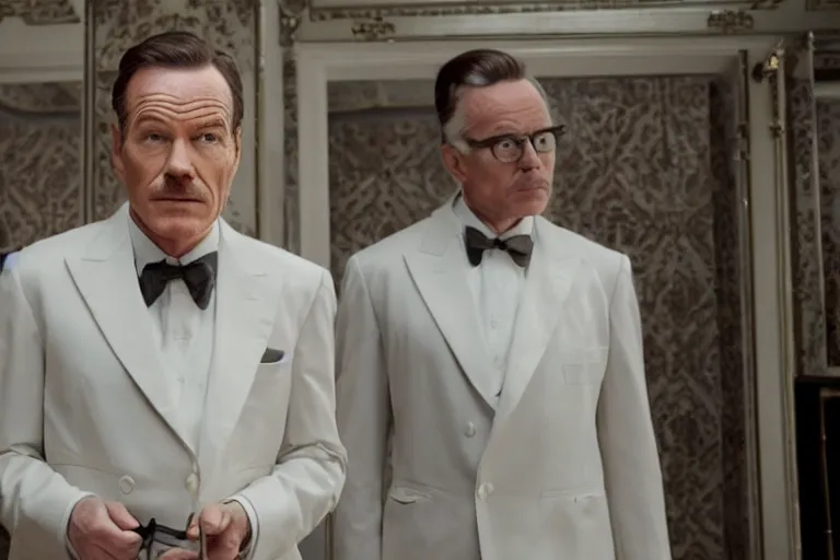Prompt: mid-shot of Bryan Cranston as a butler in the new movie directed by Wes Anderson, symmetrical shot, idiosyncratic, relentlessly detailed, limited colour palette, detailed face, movie still frame, promotional image, imax 70 mm footage