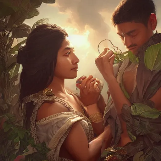 Prompt: portrait painting of dark muscular nepali couple kissing, ultra realistic, concept art, intricate details, eerie, highly detailed, photorealistic, octane render, 8 k, unreal engine. art by artgerm and greg rutkowski and alphonse mucha