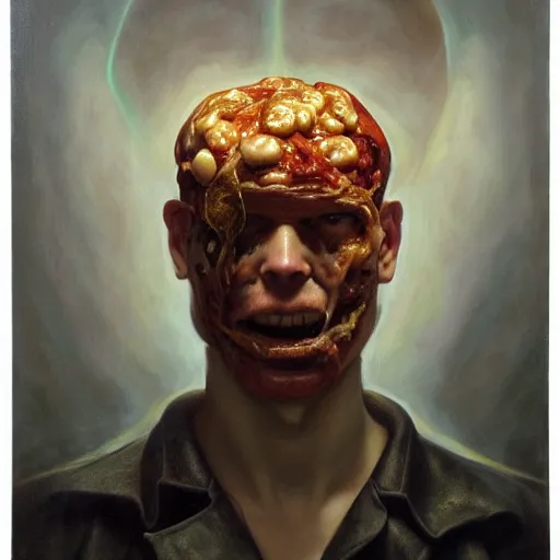 Image similar to portrait of fully dressed pizza as doomguy by alexander mcqueen, by roberto ferri, by tom bagshaw, by j. c. leyendecker and klimt, by austin osman spare, highly detailed oil painting, very intricate, cinematic lighting, award - winning, american romanticism, artstation, cgsociety, official art, octane