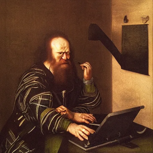 Image similar to angry scottish man at computer, detailed, ray tracing, 4 k, by albrecht durer