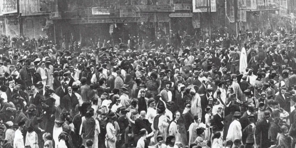 Prompt: scary unproportionable tall ghost creature in the middle of a crowd, 1900s picture