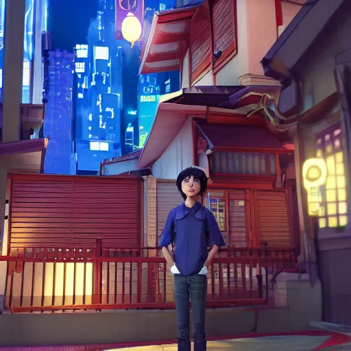 Prompt: teen japanese boy standing in front of his home in san fransokyo, pixar film, big hero 6, hyper detailed, digital art, trending on artstation, cinematic lighting, studio quality, smooth render, unreal engine 5 rendered, octane rendered