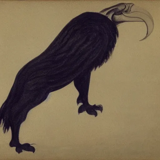 Image similar to a creature with the body and eyes of a man, with the beak of an eagle, the mane of a lion, and the horn of a bull. drawn by edward hopper