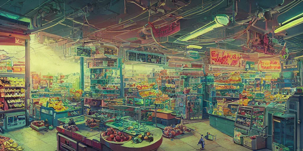 Prompt: fruit store, 1 9 8 0, retrofuturism, cluttered, wires everywhere, window, at night, dramatic lighting, alien technology, detailed by simon stalenhag