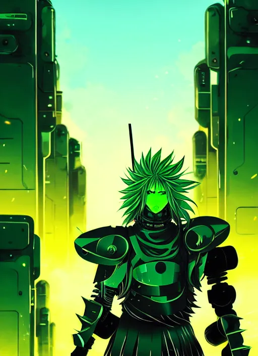 Image similar to a striking cinematic anime full body portrait of a male warrior with long blonde hair and blue eyes wearing evil green spiked cyberpunk armour and standing in the desolate burning ruins of a futuristic city by hirohiko araki and beeple, fine details, digital art, character concept art