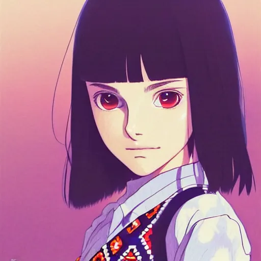 Image similar to a beautiful! boyish! natalie portman alluring gravure! model, wearing japanese school girl outfit with mayan pattern and native style, aztec street fashion, gapmoe yandere grimdark, trending on pixiv fanbox, painted by greg rutkowski makoto shinkai takashi takeuchi studio ghibli, akihiko yoshida