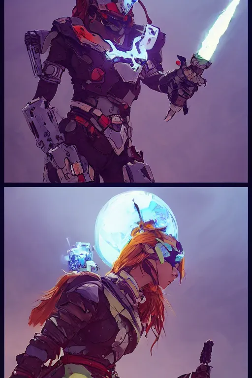 Image similar to combination suit armor aloy horizon forbidden west horizon zero dawn robot ninja mask helmet backpack tribal, art gta 5 comics, official fanart behance hd artstation by jesper ejsing, by rhads, makoto shinkai and lois van baarle, ilya kuvshinov, ossdraws radiating a glowing aura cgi rtx 2 0 2 2