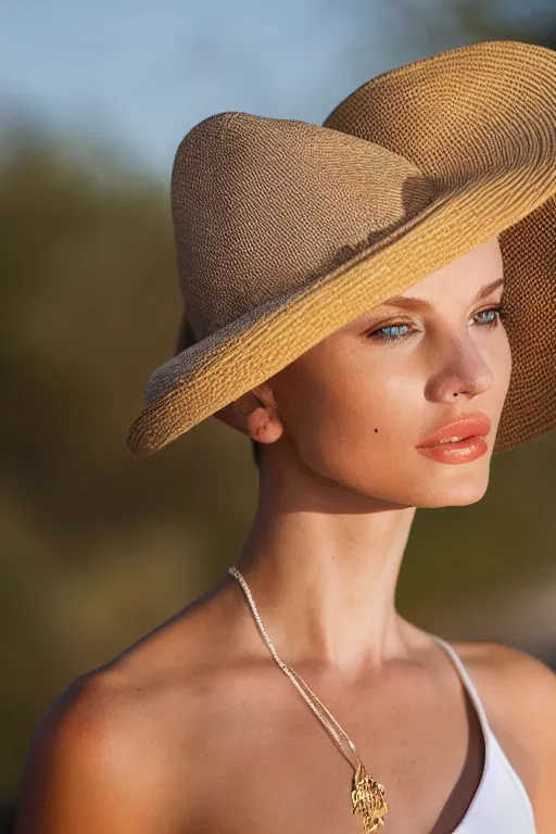 Image similar to photograph of an olive skinned blonde female model in her twenties, her hair pinned up under designer hat, wearing a designer top, looking content, focused on her neck, photo realistic, extreme detail skin, natural beauty, no filter, slr, golden hour, 8 k, high definition, selfie