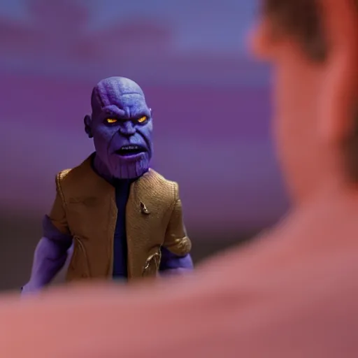 Image similar to a cinematic film still of a claymation stop motion film starring thanos, shallow depth of field, 8 0 mm, f 1. 8