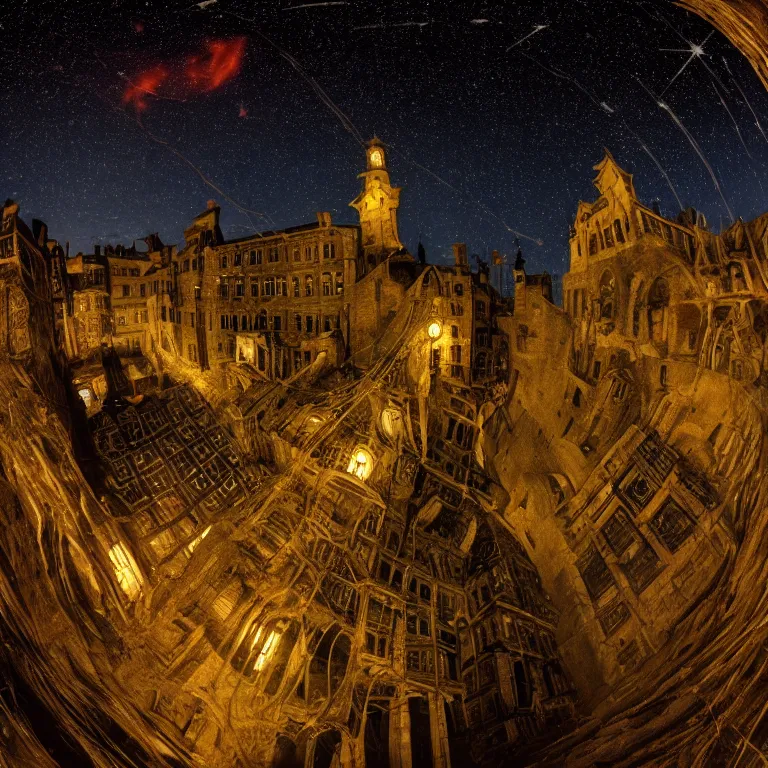 Prompt: An 18th century (lovecraftian) gothic city at night with a star filled sky. Greasy luminescent cables are emerging from cracks on the ground. Low angle shot, super wide shot, fish eye, 4k.