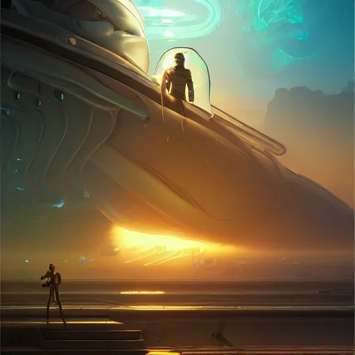 Prompt: aquatic alien in mechanical exoskeleton designed by jony ive in cybercity, golden hour, poster by michael whelan and gilbert williams and evgeny lushpin and artgerm and alena aenami, 3 0 mm, well proportioned, highly detailed, rule of thirds, long exposure