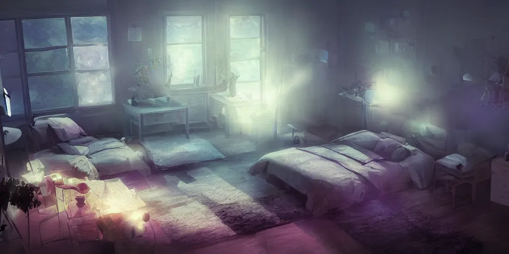 Image similar to beautiful bedroom at night, award - winning digital art, anime, volumetric lighting